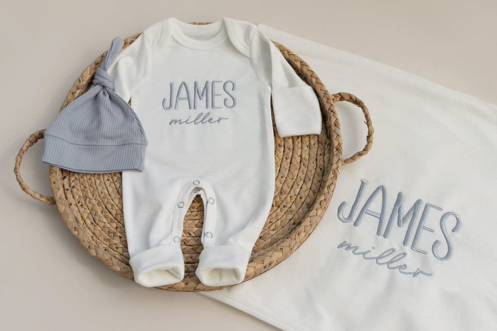 Baby Boy Coming Home Outfit Embroidered, Baby Boy Gift for Baby Shower, w Hat and Matching Blanket