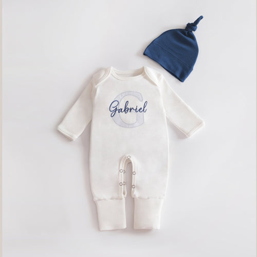 Embroidered Newborn Baby Boy Outfit, Organic Cotton, Personalized Baby Romper & Hat
