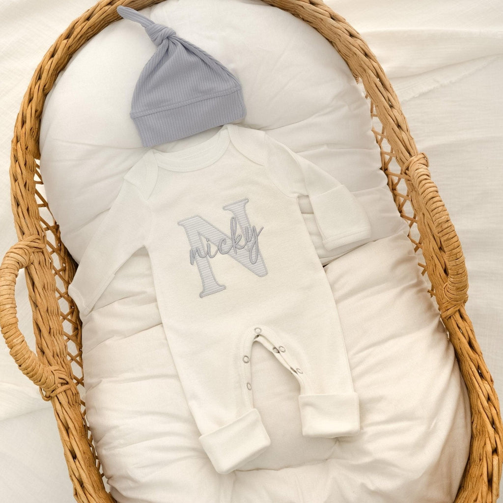 Embroidered Newborn Outfit, Organic Cotton, Personalized Baby Romper & Hat