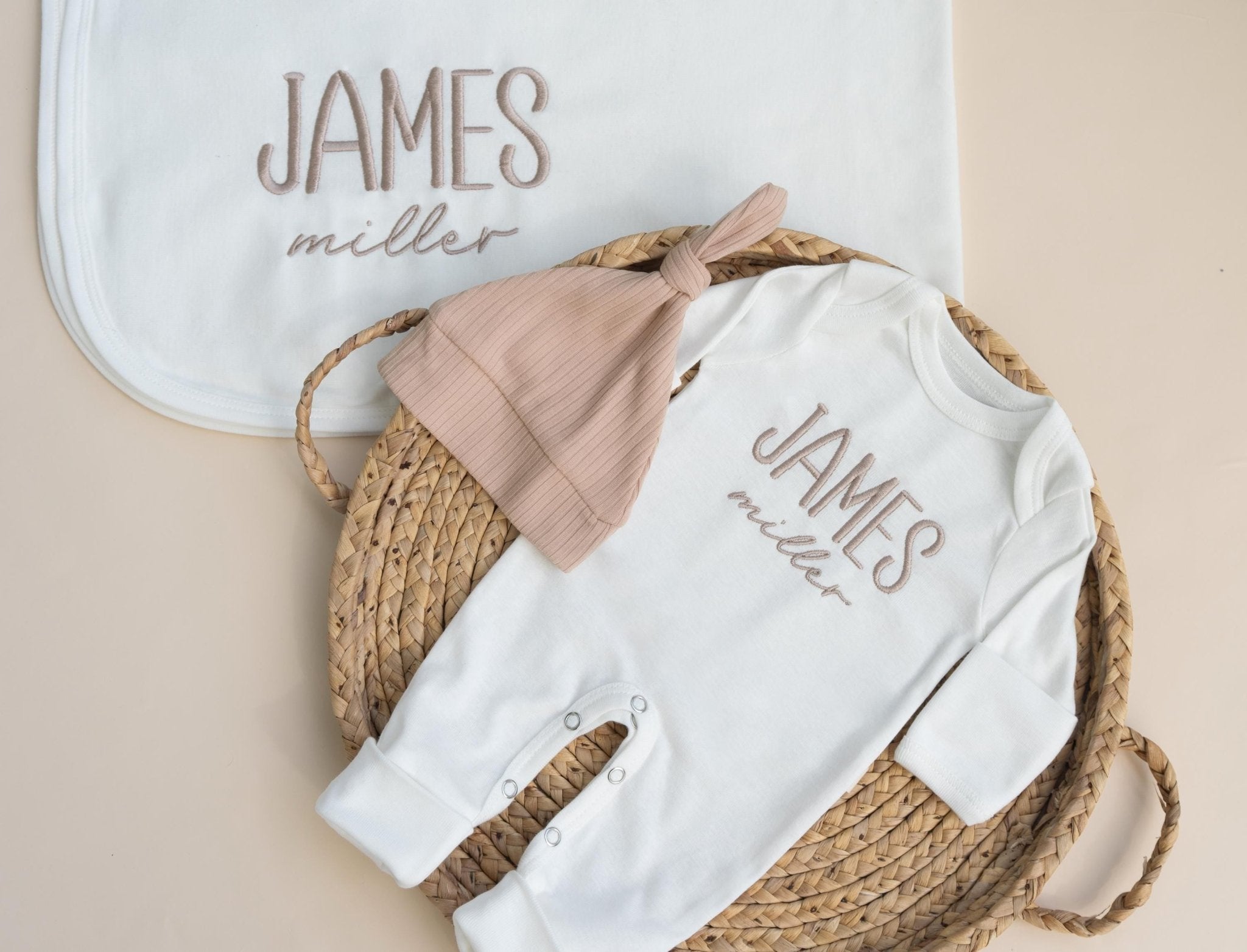 Newborn Baby Boy Bring Home Outfit Embroidered, Romper and Hat Set with Matching Blanket