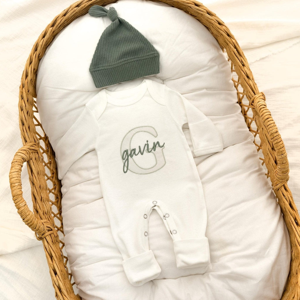 Newborn Baby Boy Hospital Outfit Embroidered Organic Cotton Baby Boy Romper & Hat